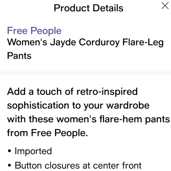 💖Free People / We The Free Jayde Corduroy Flared Jeans / Pants - Picture 2 of 7